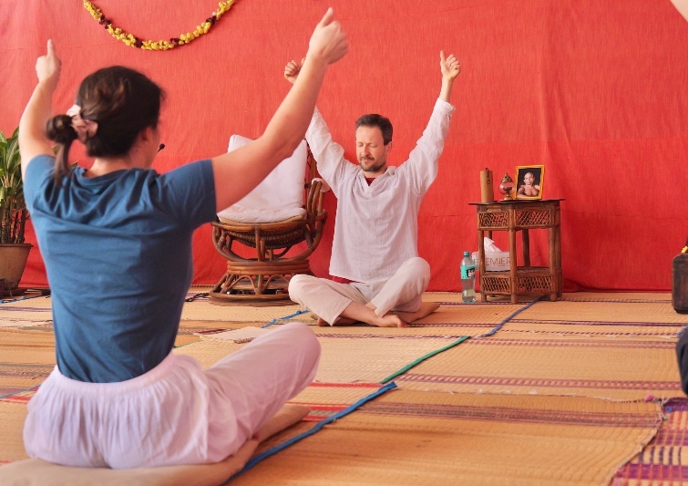 Morning yoga on the ashram rooftop