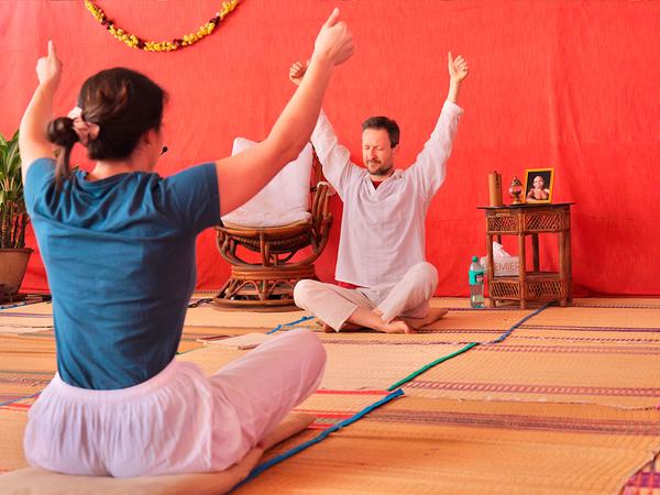 Morning yoga on the ashram rooftop